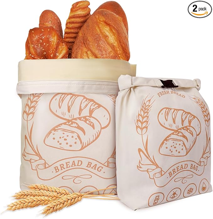 2 Pack Beeswax Bread Bags with Zipper, Sourdough Bread Storage for Homemade, Freezer Storage Bag to Keep Fresh, Large Cotton Beeswax Container, Baguette Bag with Liner, Kitchen Baking Supplies