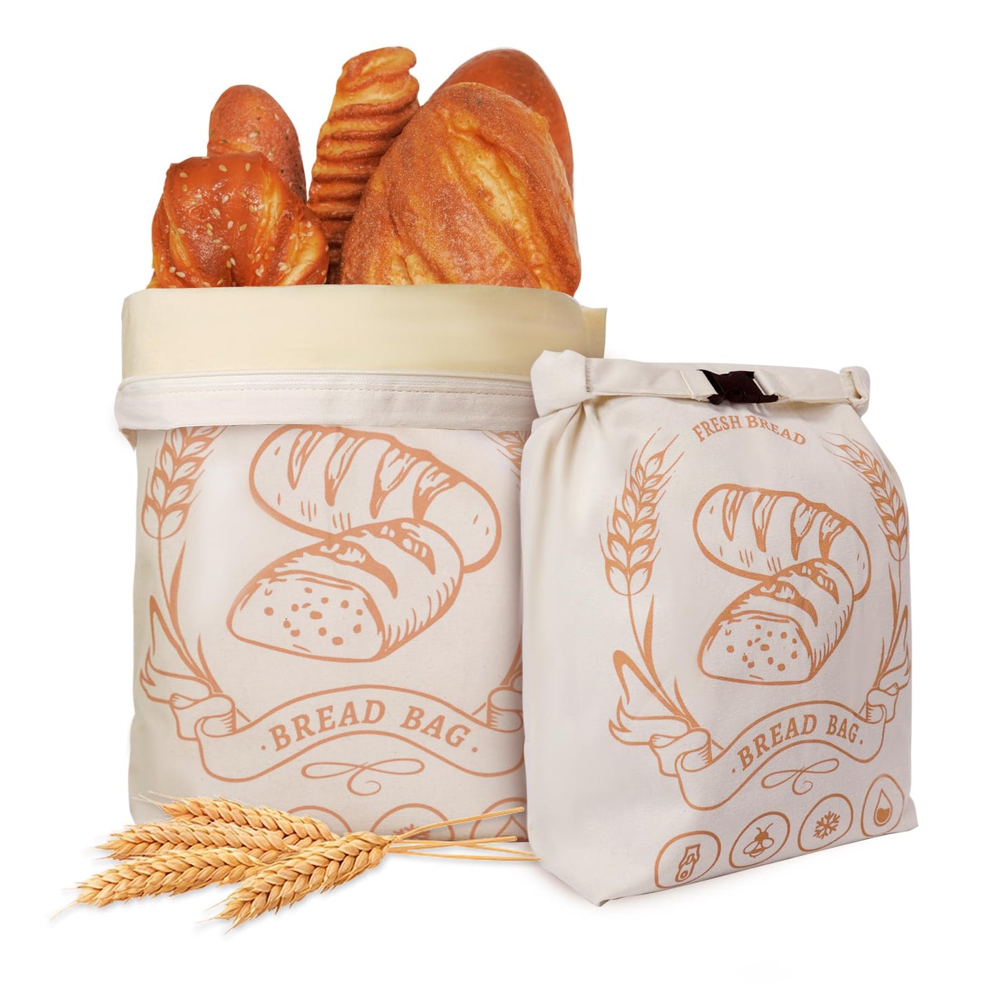 2 Pack Beeswax Bread Bags with Zipper, Sourdough Bread Storage for Homemade, Freezer Storage Bag to Keep Fresh, Large Cotton Beeswax Container, Baguette Bag with Liner, Kitchen Baking Supplies