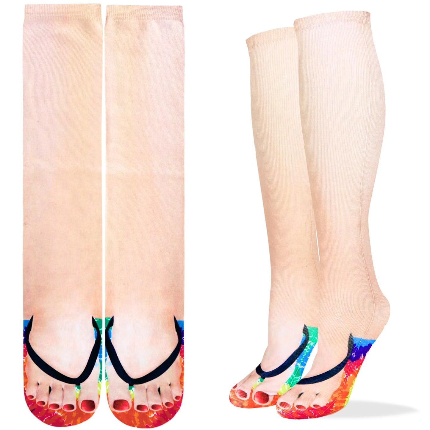 Benefeet Sox Womens Funny Crazy 3D Manicure Flip Flop Print Knee High Socks Novelty Funky Silly Tie Dye Pattern Knee High Stockings for Christmas Halloween Costume Party Cosplay