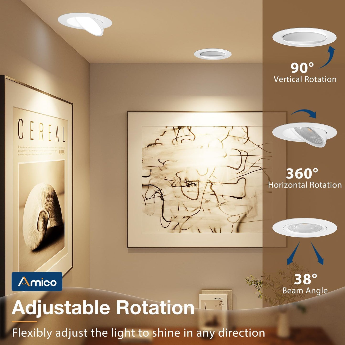 Amico 6 Pack 4 Inch 5CCT Gimbal LED Recessed Lighting, 360°&90° Adjustable Eyeball Directional Downlight, Dimmable, 2700K/3000K/3500K/4000K/5000K Selectable, CRI90+ 9W 700LM, ETL&FCC