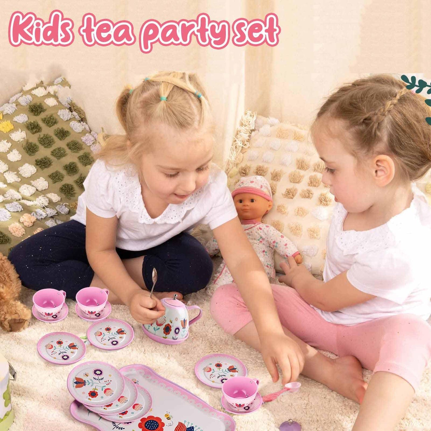 Lajeje Tea Party Set for Toddlers & Little Girls Ages 3-6 – Princess Pretend Play Kitchen Toy with Tin Tea Set, Desserts & Carrying Case