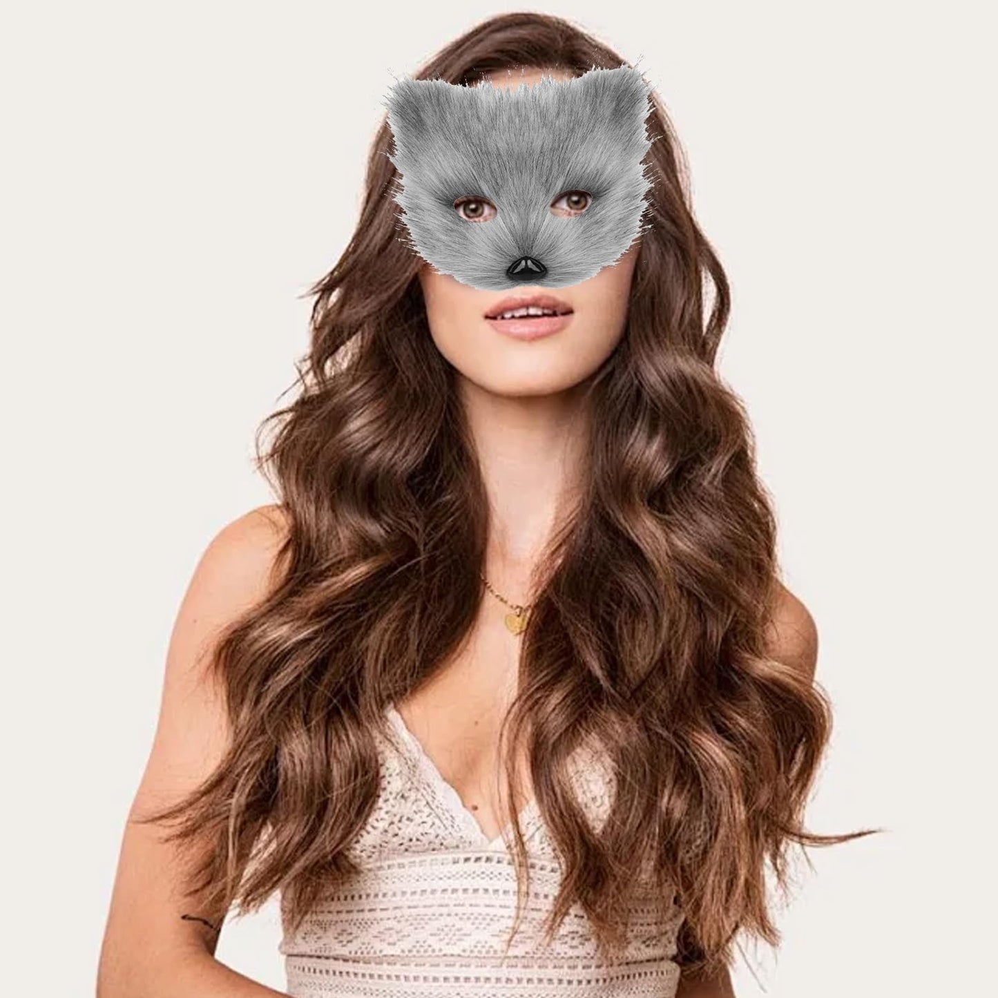 Hyuetrsa Faux Fur Fox Tail Cat Wolf Cosplay Costume Set Furry Orc Mask and Fox Tail Gloves Set Halloween Christmas Party Girls Women, Mask, a Pair of Gloves and a Tail 3-Piece Set