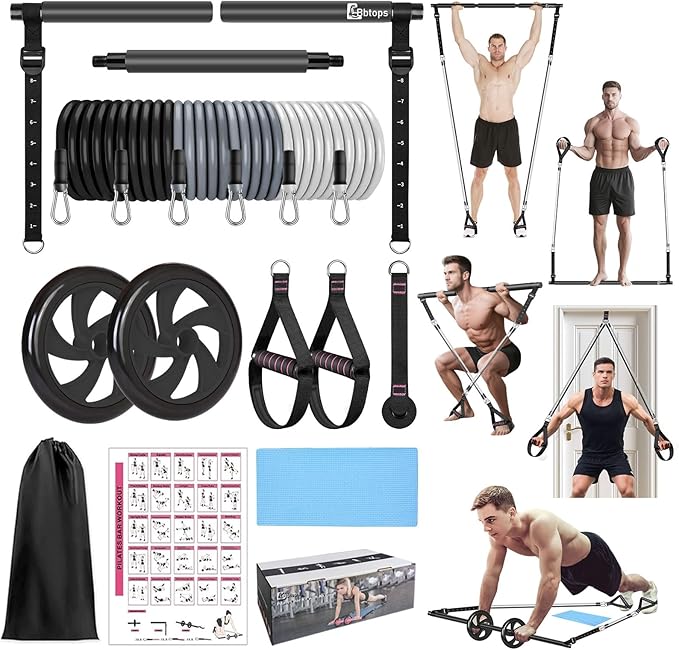 BBTOPS Pilates Bar Kit with Resistance Bands,Ab Roller,2 in 1 Foot Strap & Handle,Door Anchor Pilates Equipment with Resis...