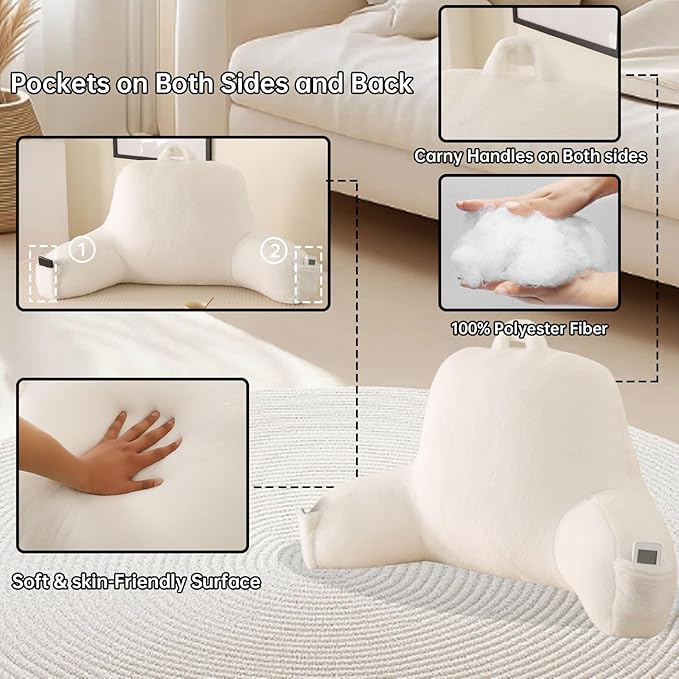 PAJEO Reading Pillow for Sitting in Bed, Large Backrest Reading Pillow with Arm Rest,Back-Rest Support Cushion for Sit Up on Couch, Sofa, and Floor, Dorm Essentials (White Faux Fur, Standard(17"))