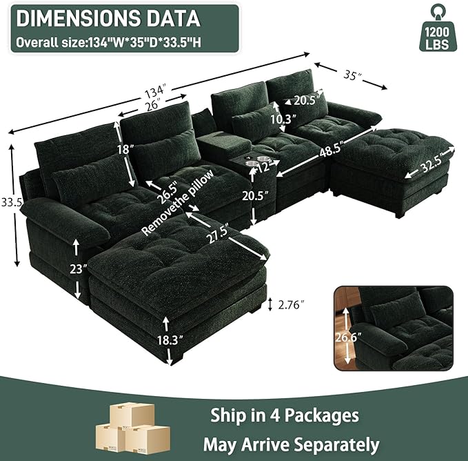 BEQAI 134"U Shaped Sectional Couches for Living Room, Oversized Modular Sectional Fluffy Couch with 2 Ottoman & Storage Console,Modern 6 Seat Living Room Sofa with Glitter Fabric,Tufted Buttons, Green