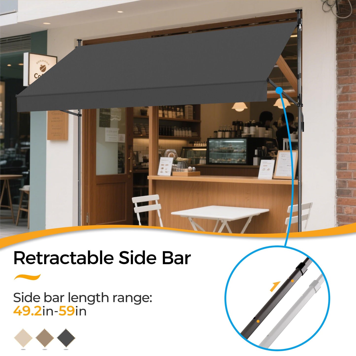 HOMEDEMO Manual Retractable Awning 79" W x 118" H,Side Bar 47-59in Patio Awning Retractable Outdoor Sunshade Shelter Height Adjustable Sunsetter Retractable Awning UV Protection for Backyard Garden