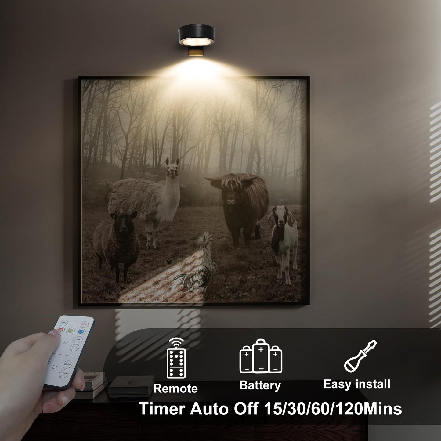 6-Pack Battery Operated Picture Light Magnetic Painting Light with 3 Lighting Modes,Remote and Dimmable Timer Art Display Light for Picture Artworking Frame Portrait,Wireless Wall Decor Puck Lights