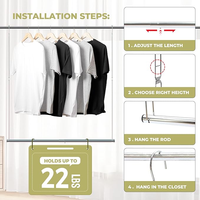 Hanging Closet Rod, 17-29In Adjustable Width and Up to 37In Height Adjustable Closet Rod Extender, Double Closet Rods Hanging Bar, Space-Saving Tension Hanging Organizer, Chrome, 2 Pack