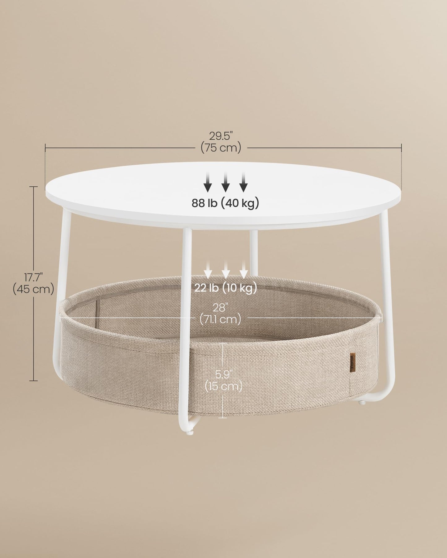 VASAGLE Coffee Table with Storage, Round Center Table for Living Room with Fabric Basket, Modern Style, Metal Frame, Matte White and Camel Brown ULCT244W10