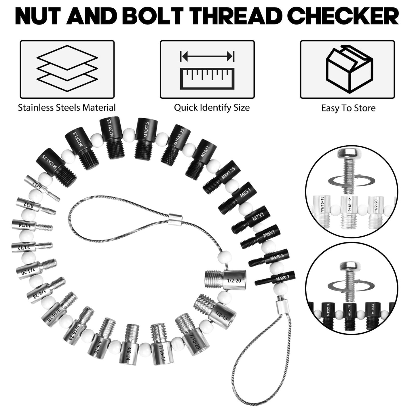 Nut and Bolt Thread Checker 28 Male/Female Thread Gauges (15 SAE/Inch & 13 Metric) Nut and Bolt Thread Size Checker Thread Identifier Gauges for Quickly Identify and Verify