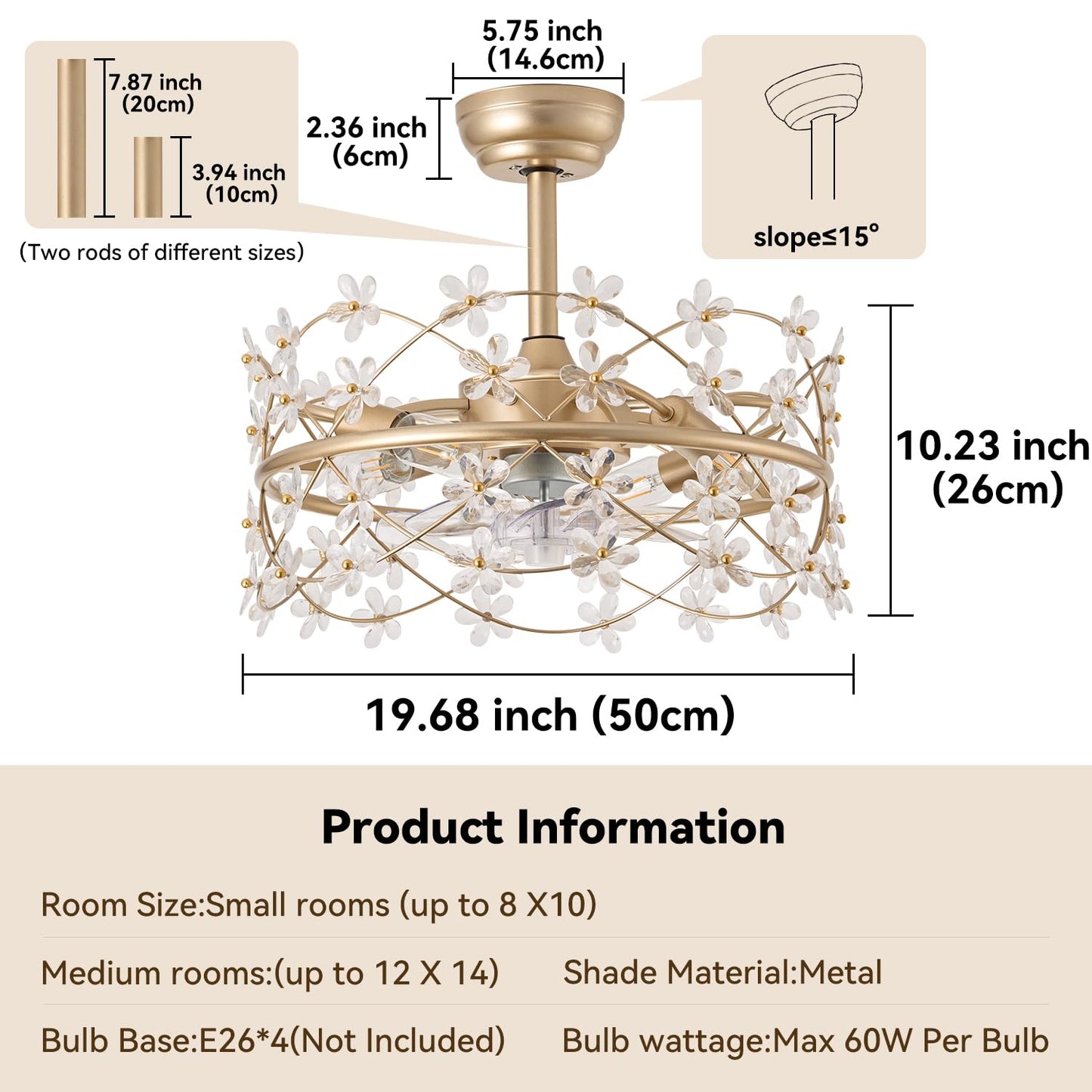 youngrender 20 Inch Gold Caged Ceiling Fan with Light, Flower Chandelier Ceiling Fan with Lights Remote Control, Frower Crystal Fandelier 6 Speeds for Girl's Bedroom, Living Room