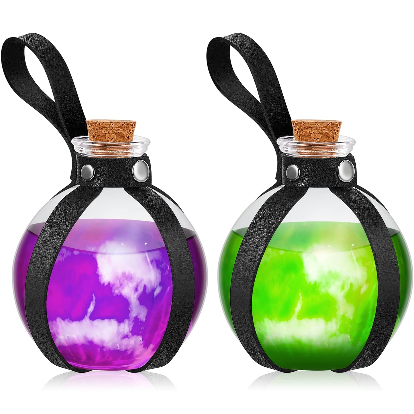 Patelai 2 Pcs Glass Potion Bottles Belt with Cork Renaissance Witch Costume Accessories Witch Props Spherical Potion Bottle for Cosplay Party DIY Crafts Halloween Decoration(Black)