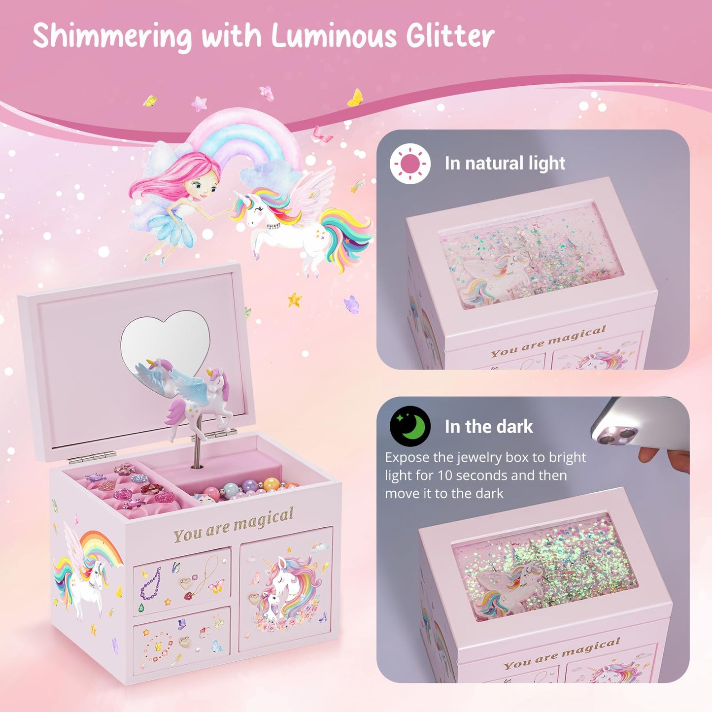 Lolalet Wooden Jewelry Box with Unicorn for Girls, Musical Children's Jewelry Organizer, Gift for Toddler Age 2 3 4 5 6 7 8 9 on Birthday -Pink