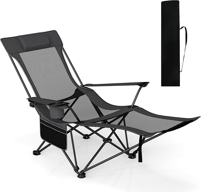GYMAX Reclining Camping Chairs with Footrest, Lightweight Foldable Camping Chairs with Cup Holders, Adjustable Backrest, Headrest, Heavy Duty Camp Chair for Adult Outdoor Fishing Beach (Grey,1)