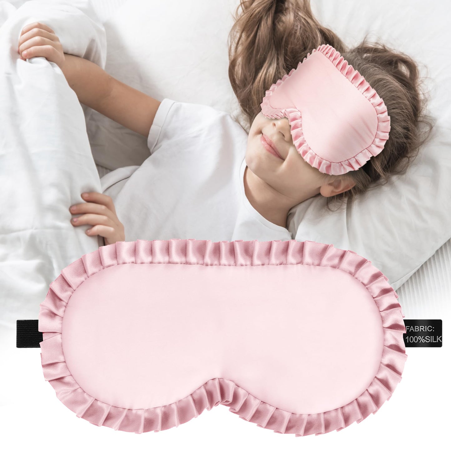 Kids Sleep Mask Eye Cover, 100% Real Mulberry Silk Sleep Mask with Adjustable Strap, Kids Blindfold for Sleeping, Boys Girls Eye Shade for Ages 5+, Soft and No Pressure (Pink)