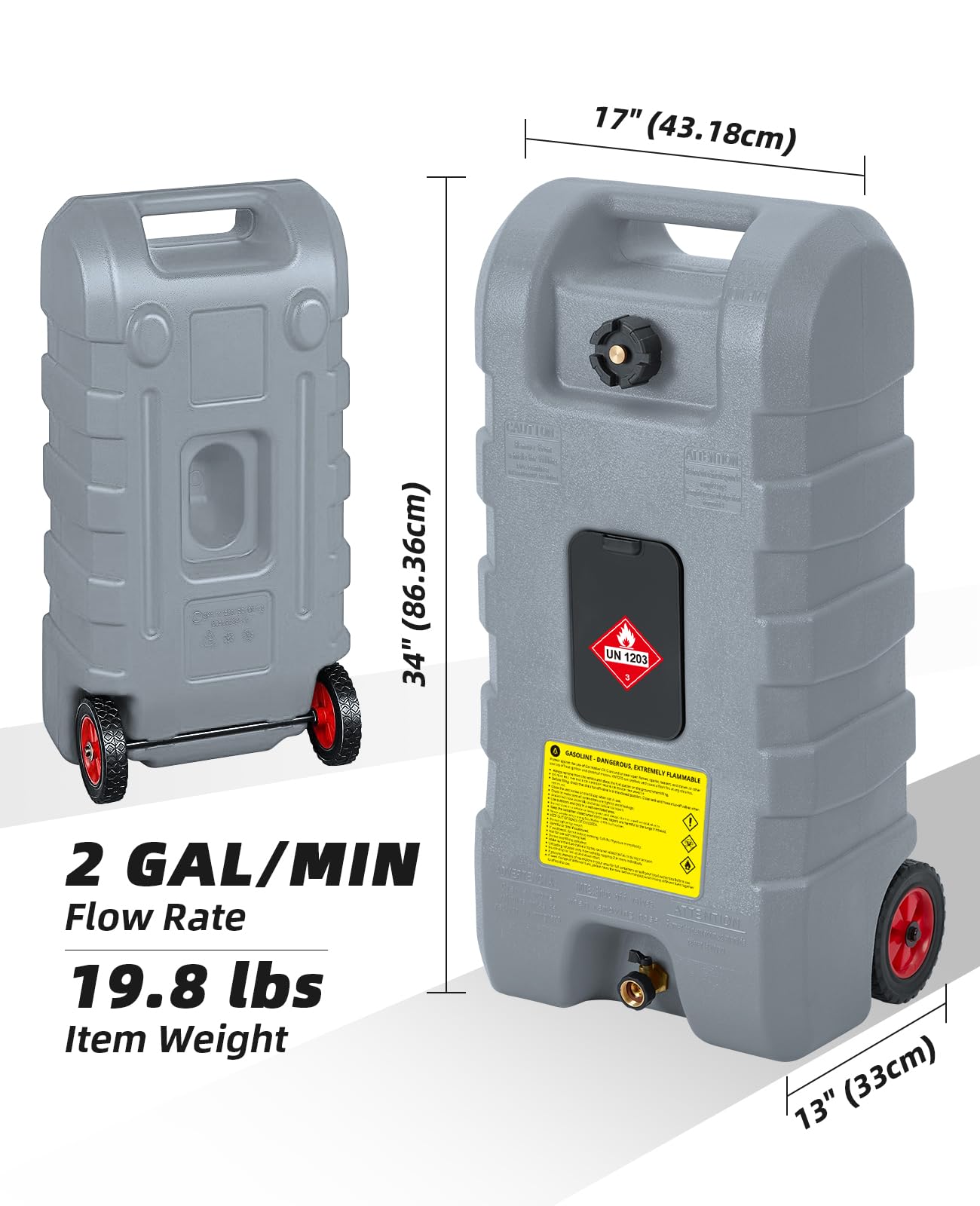IDEALHOUSE 15 Gallon Gas Can on Wheels, Heavy Duty Portable Fuel Caddy with Manual Transfer Pump, 10 Foot Reinforced Hose, Rotating Nozzle, and Dual Shut-Off Valves, Ideal for Lawn Mowers, Cars, Boats