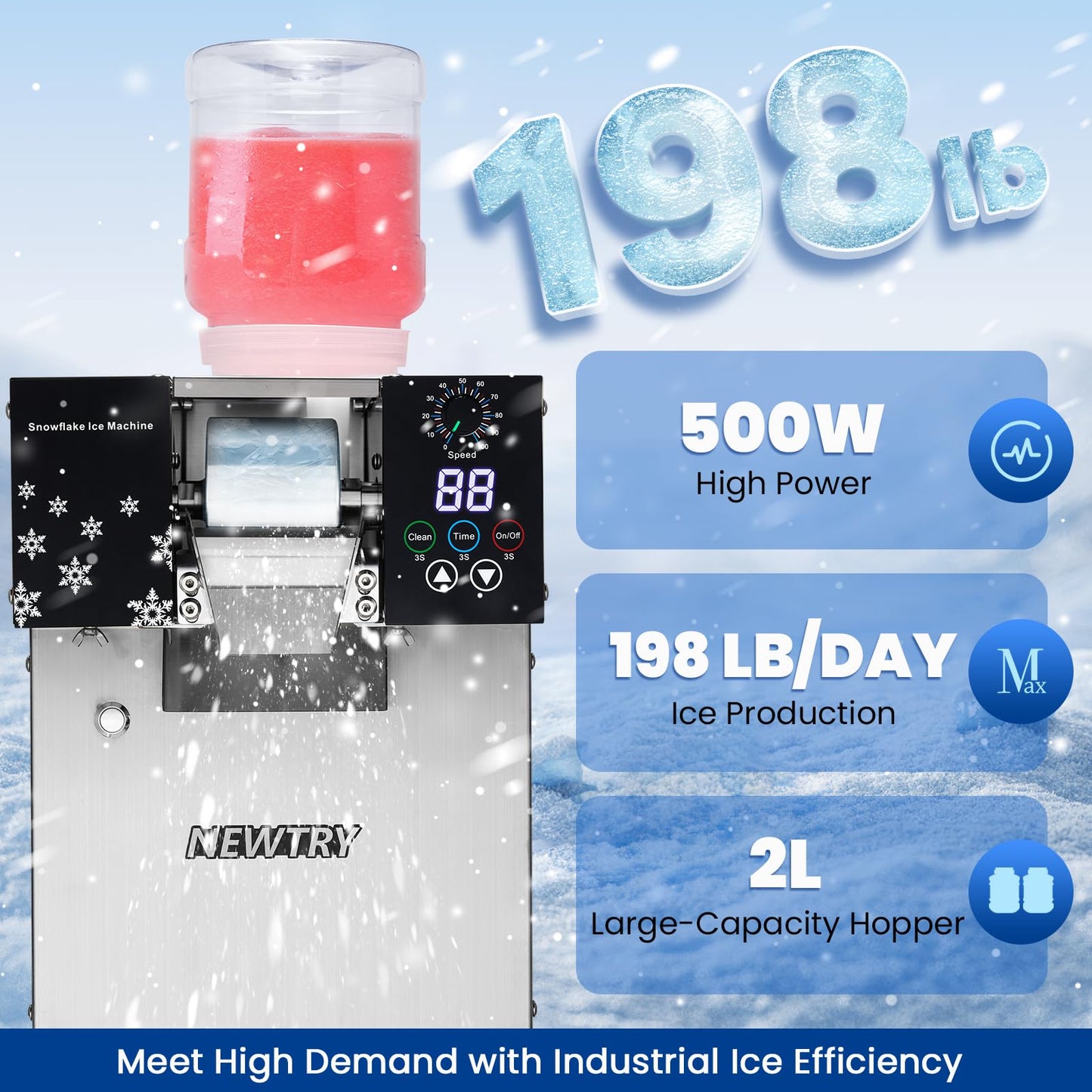 NEWTRY Commercial Snowflake Ice Machine 198lb/Day Shaved Ice Machine 500W Snow Cone Maker Air Cooling Speed Adjustable Ice Crusher 110V US