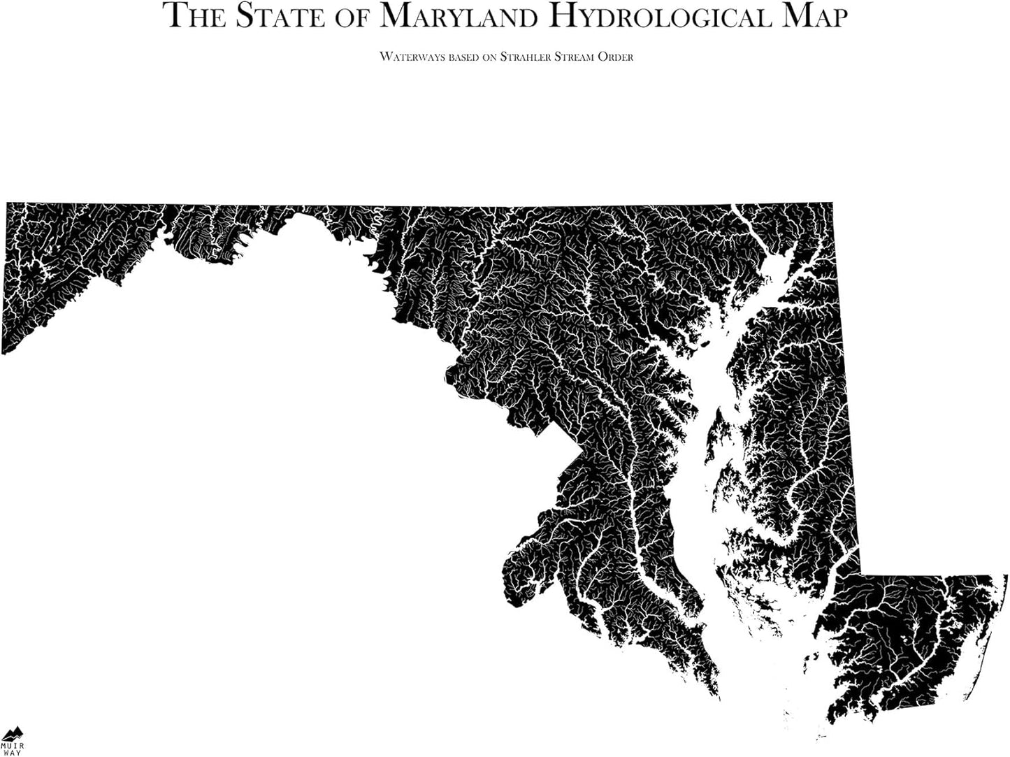 Muir Way Hydrological River Map of Maryland - Watershed Topographic Wall Art for Home, Office, or Travel Decor - Unframed Flat Paper Print, 18x24