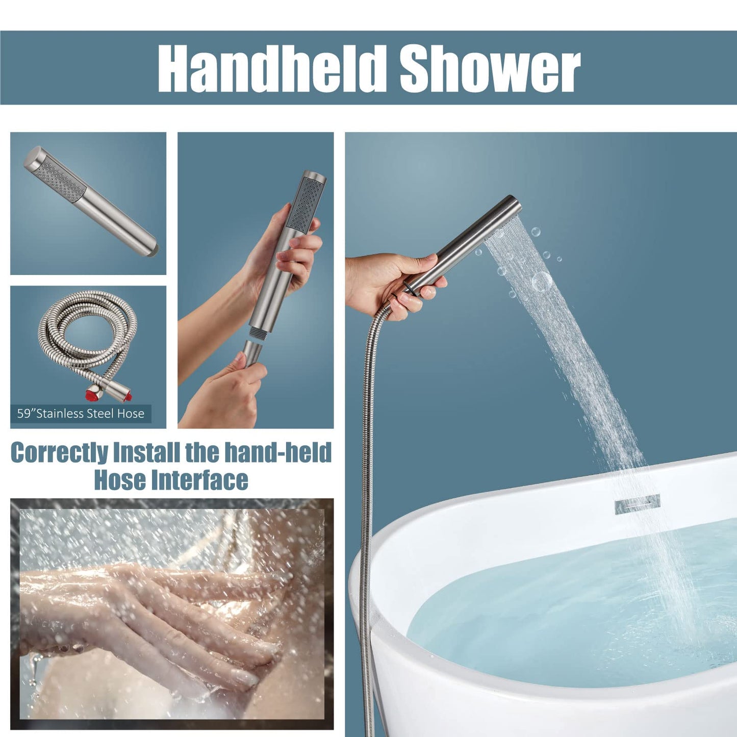 Aolemi Floor Mount Bathtub Faucet Freestanding Tub Filler Standing High Flow Shower Faucets Shower Mixer Taps, Swivel Gooseneck Spout with Cylinder Handheld Brushed Nickel