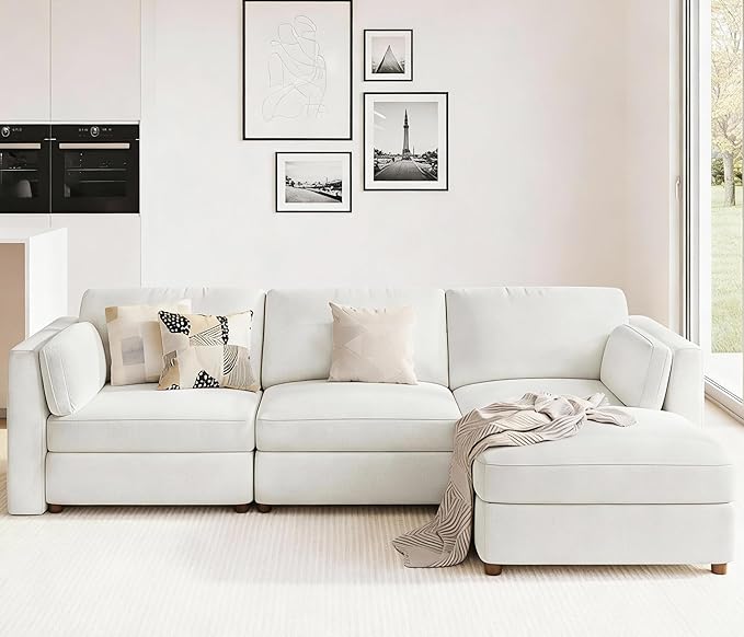 CUGOAO 118'' Modular Sectional Sofa, Oversized L-Shaped Sectional Couch with Ottoman, Deep Seat Chenille Cloud Couch, Mordern Upholstered Couches for Living Room, Apartment, Office, Beige
