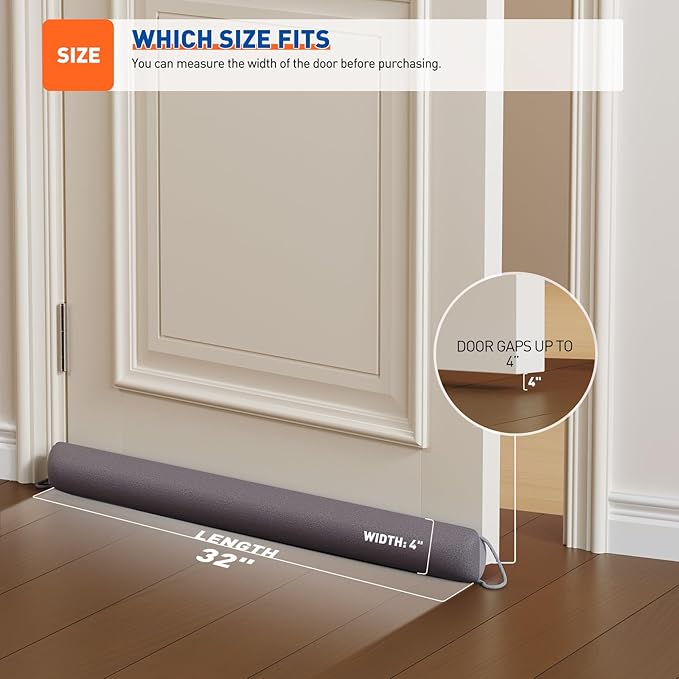 MAGZO Door Draft Stopper, 32 Inch Under Door Draft Blocker Noise Stopper, Weighted Wind Blocker Draft Guard for Bottom of Door, Gray
