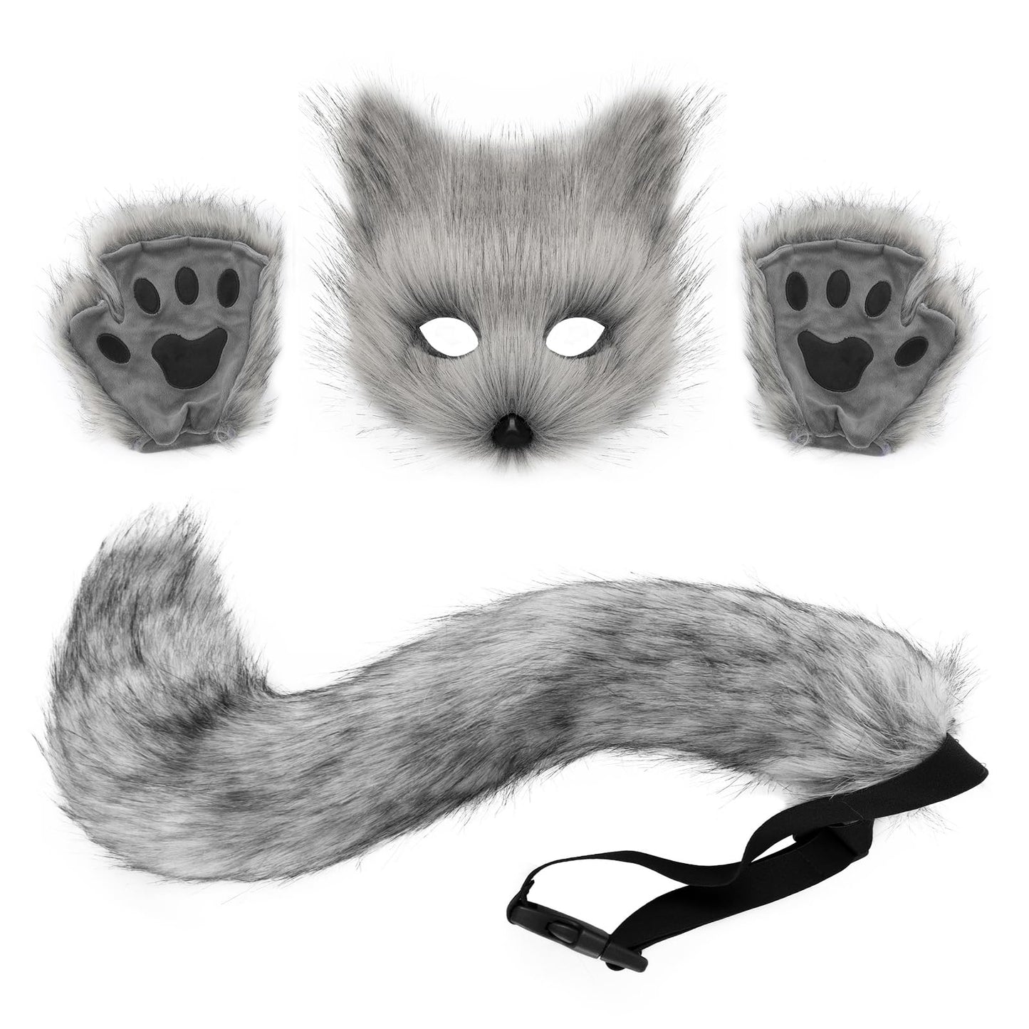 HAOAN Faux Fur Cat Masks Fox Tail and Paw Gloves Set Plush Halloween Parties Cosplay Costume Accessories