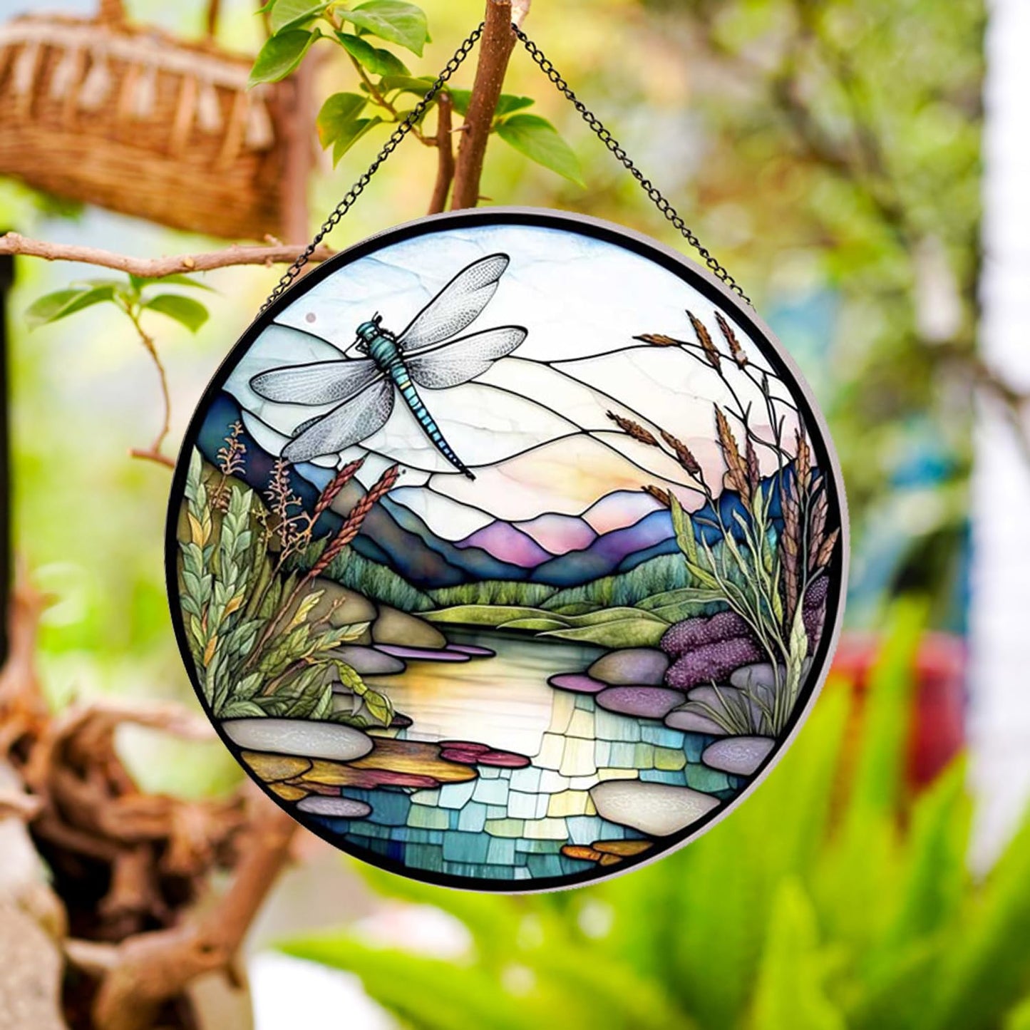 Payutou River and Dragonfly Pattern Suncatcher Stained Glass,Hanging Stained Glass for Windows,20cm/7.87inch Hand-Painted Sun Catcher Garden Hangings Painted Glass Panel Decor Themed Gift
