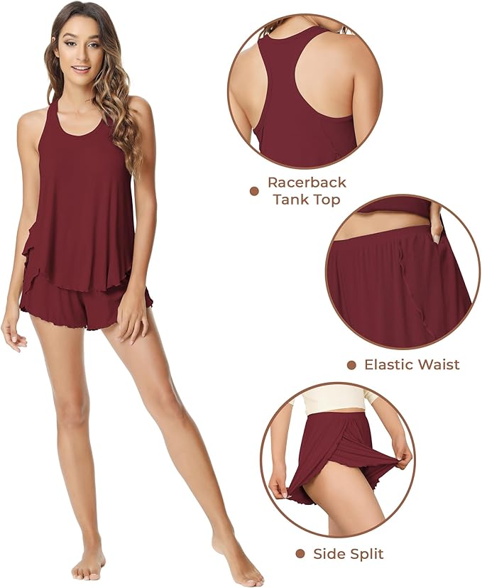 NACHILA Pajamas for Women-Viscose from Bamboo, Ribbed Racerback Tank Top Sexy Split Shorts Pajama Sets Cooling Sleep Cami Pjs