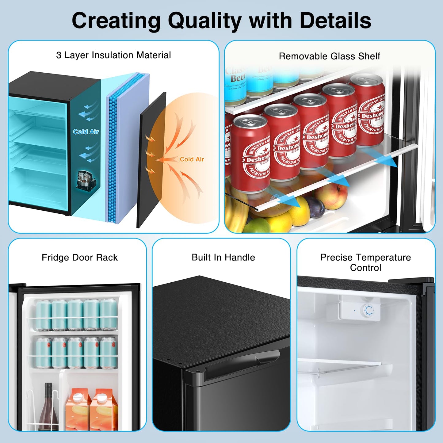 Kismile 4.41 Cu Ft Compact Refrigerator Single Door Mini Fridge with 7 Adjustable Thermostat, Glass Shelves, Quiet & Energy Efficient Small Refrigerator for Bedroom, Office, Dorm, Apartment, Black