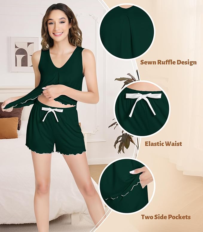 NACHILA Pajamas for Women-Viscose from Bamboo, Ribbed Racerback Tank Top Sexy Split Shorts Pajama Sets Cooling Sleep Cami Pjs