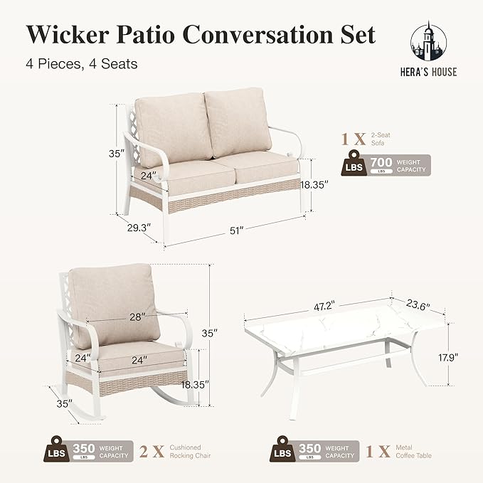 HERA'S HOUSE 4-Piece Patio Furniture Set with Metal & Rattan Design, 2 Rocking Chairs, 2-Seat Lover Sofa & Marble Coffee Table, All-Weather Outdoor Conversation Set for Garden Backyard, Beige