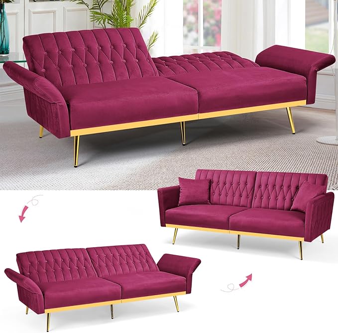 ACMEASE 70” Velvet Futon Sofa Bed with 2 Pillows and Adjustable Armrests, Convertible Sleeper Bed W/Adjustable Backrests, Modern Loveseat for Living Room, Bedroom, Fuchsia