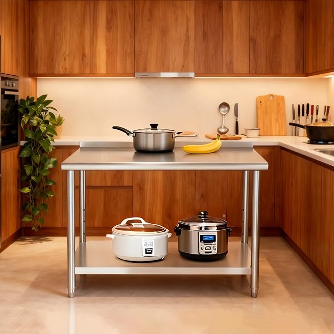 Mioleu Commercial Stainless Steel Table 48 x 24 Inches Heavy Duty Prep & Work Metal Desk with Blacksplash & Adjustable Undershelf for Kitchen Restaurant Home Garage Warehouse