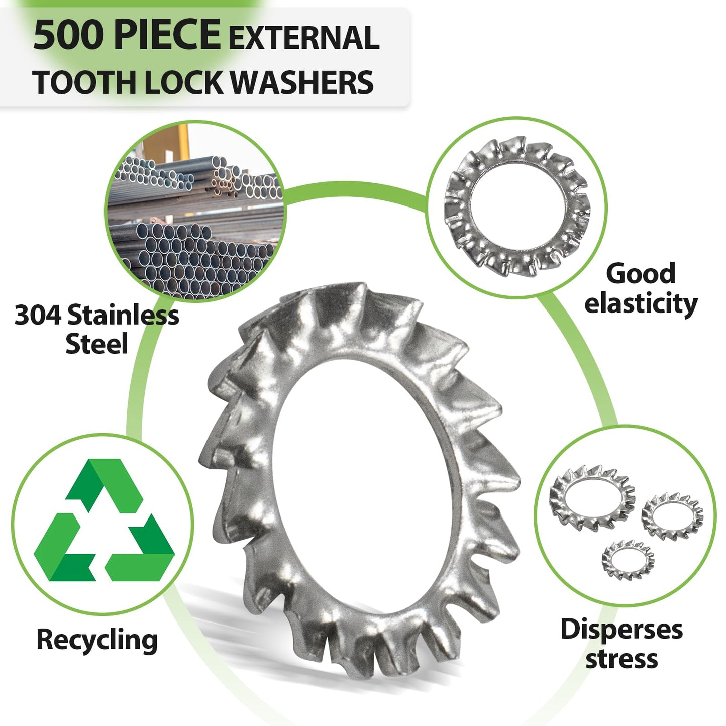 Vifmy External Tooth Lock Washers Assortment Kit(500 Pack),M2.5 M3 M4 M5 M6 M8 M10 M12 Metric 304 Stainless Steel External Star Washer Sets