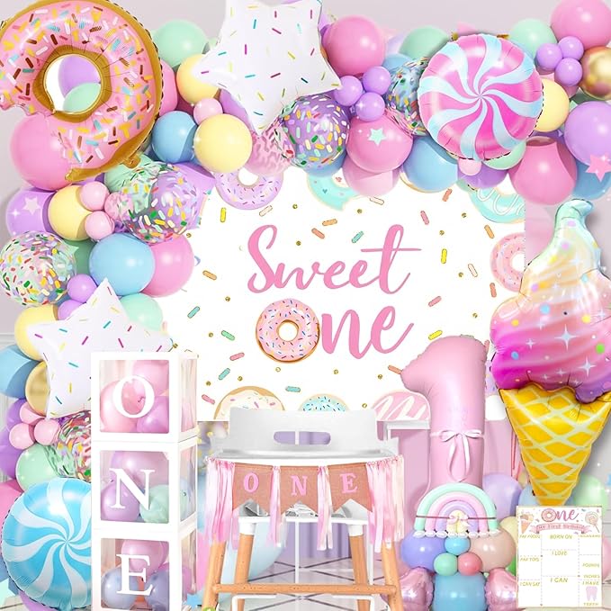 Daidle 1st Birthday Decorations for Girl, 128pcs Sweet One Birthday Party Decorations, Balloon Boxes, Party Backdrop, Phot...