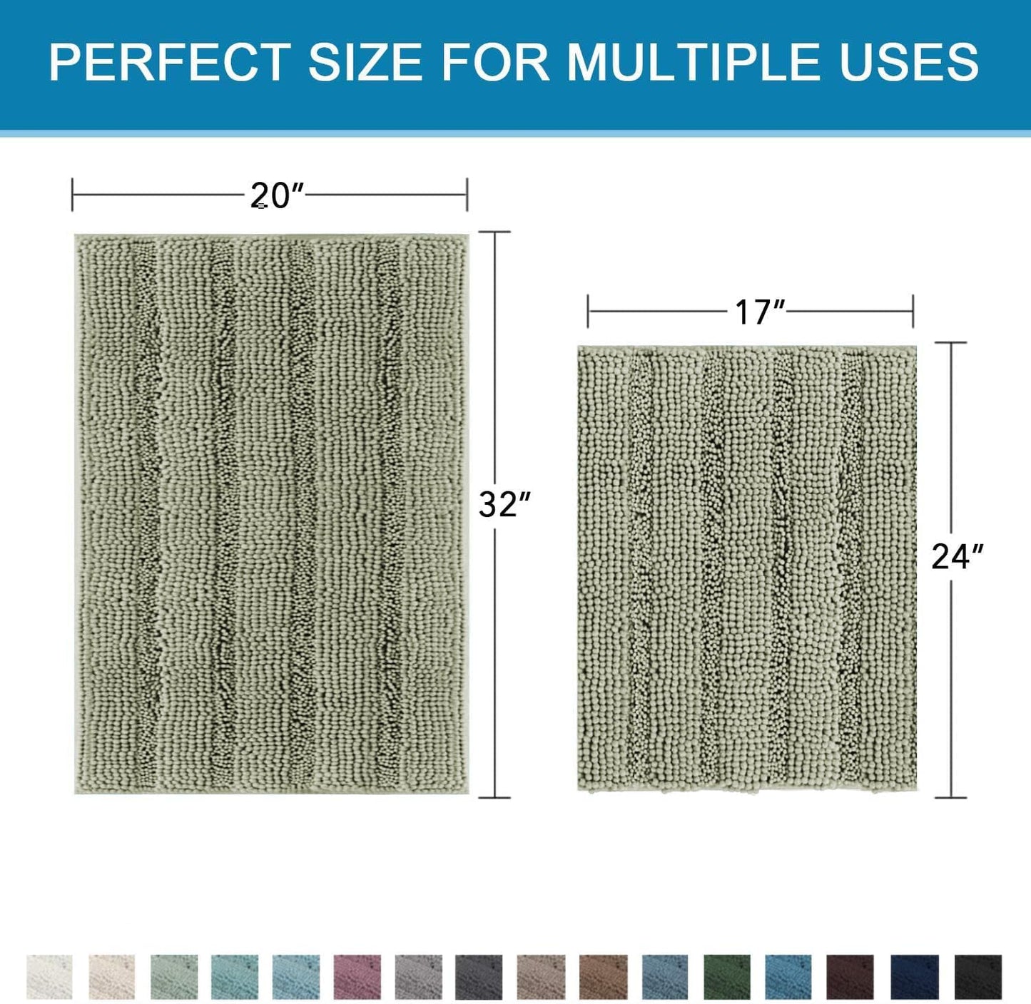 H.VERSAILTEX Bathroom Rug Sets 2 Piece Bath Mats Non Slip Thick Soft Chenille Striped Bath Rug achine Washable Shower Floor Rugs for Tub, Shower and Floor (Eucalyptus Green, 20" x 32"/17" x 24")