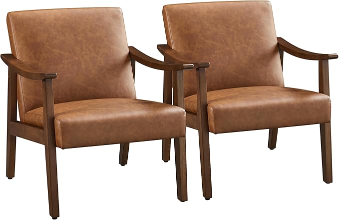 Yaheetech PU Leather Accent Chair, Mid-Century Modern Armchair with Solid Wood Legs, Reading Leisure Chair with High Back ...