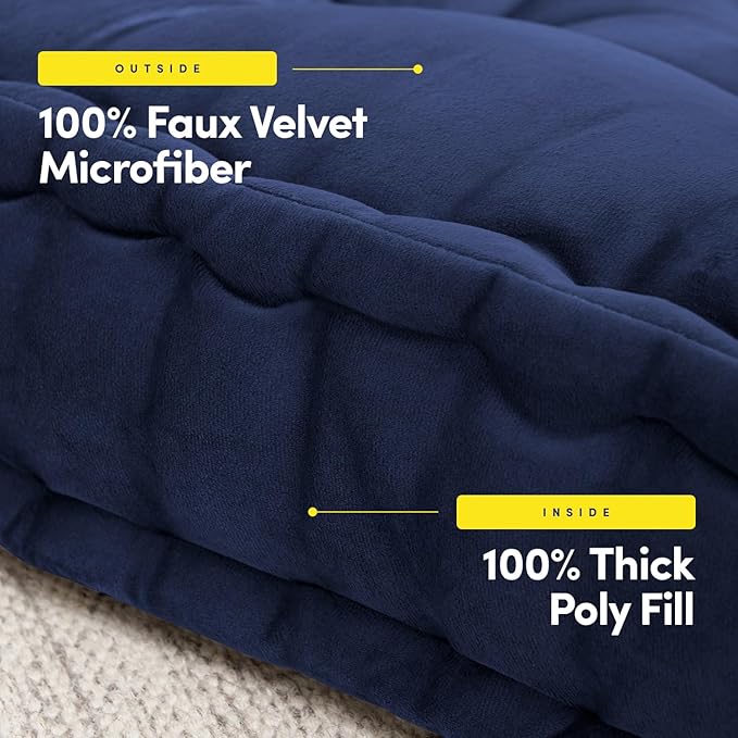 Floor Pillow Large Square Tufted Decorative Cushion 20" x 20" Faux Velvet Fabric Ultra Thick Fill for Kids and Adults, 1 Pack, Navy