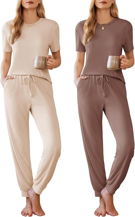 Ekouaer Pajamas for Women Set 2 Pack Lounge Set Short Sleeve Pjs Joggers Long Pants Loungepwear with Pockets