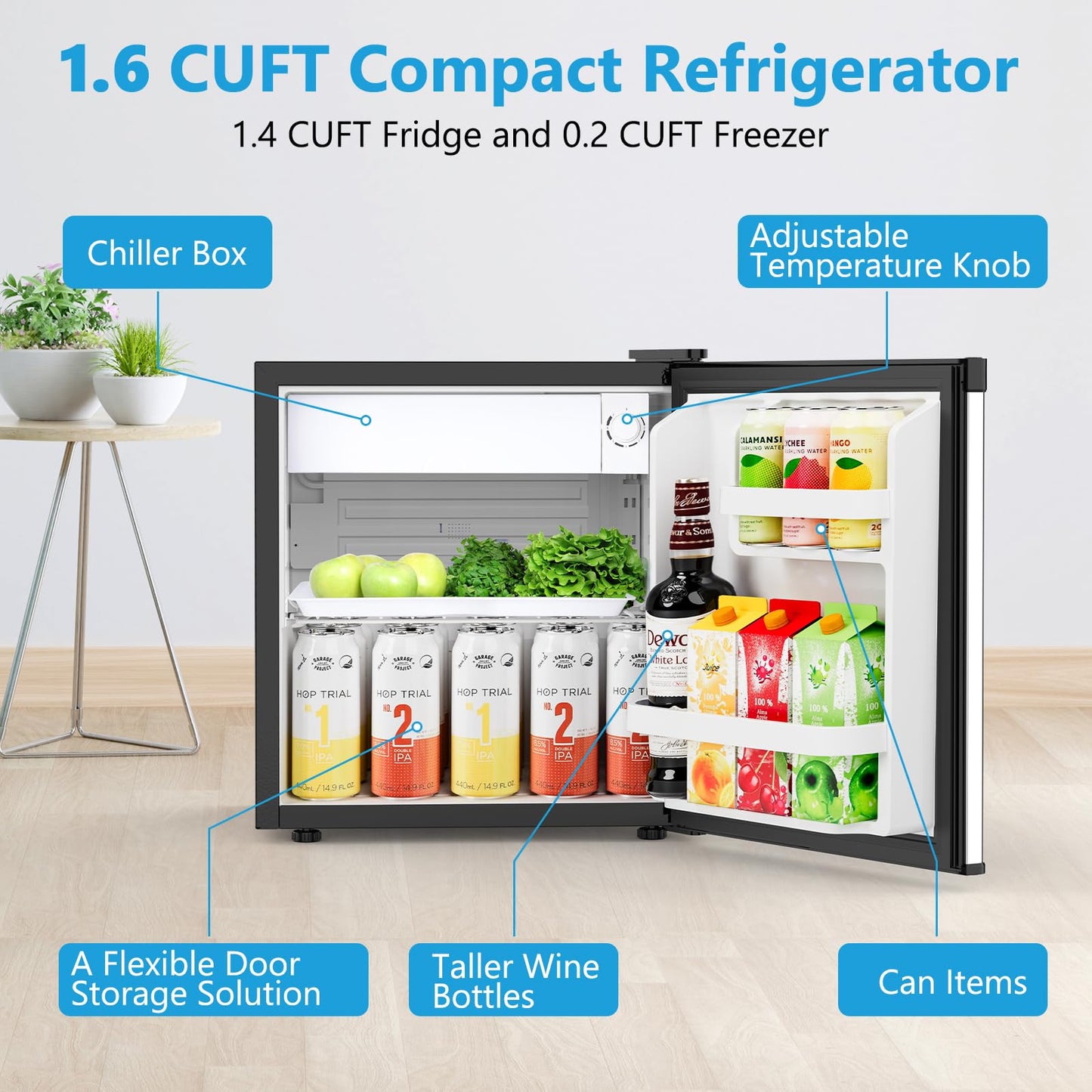 Electactic 1.7 Cu.ft Mini Fridge with Freezer, Compact Refrigerator, Single Reversible Door, Ultra Quiet, Energy Efficient for Office, Dorm, Bedroom, Apartment, Silver