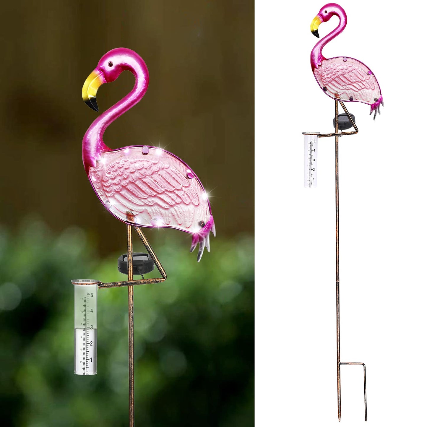 LEWIS&WAYNE 43’’ Solar Flamingo Rain Gauge Outdoor Decorative Metal Stake LED Lights with Glass Tube Solar Pathway Lights for Garden, Yard, Patio, Lawn Decor