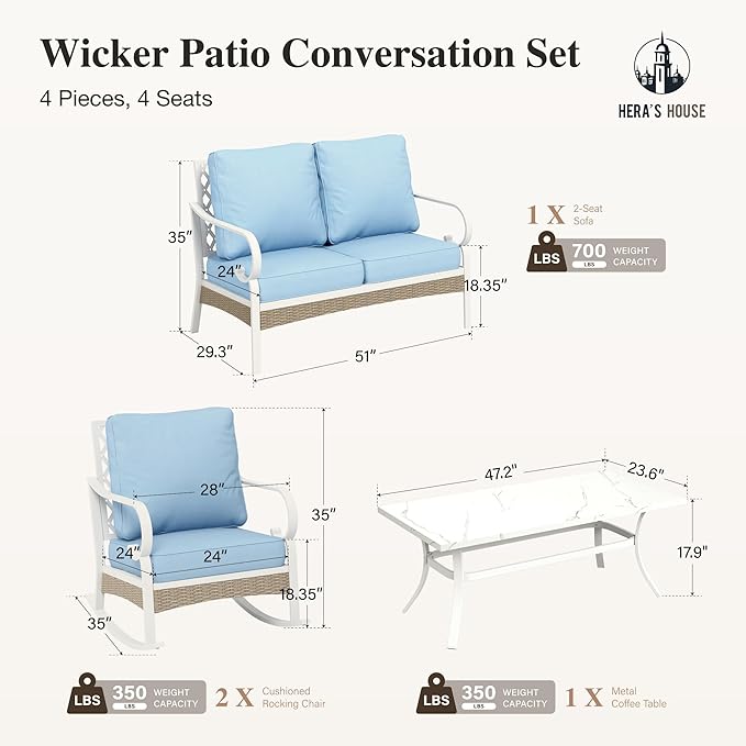 HERA'S HOUSE Patio Furniture Set with Metal & Rattan Design 4-Piece, 2 Rocking Chairs, 2-Seat Lover Sofa & Marble Coffee Table, All-Weather Outdoor Conversation Set for Garden Backyard Lawn, Blue