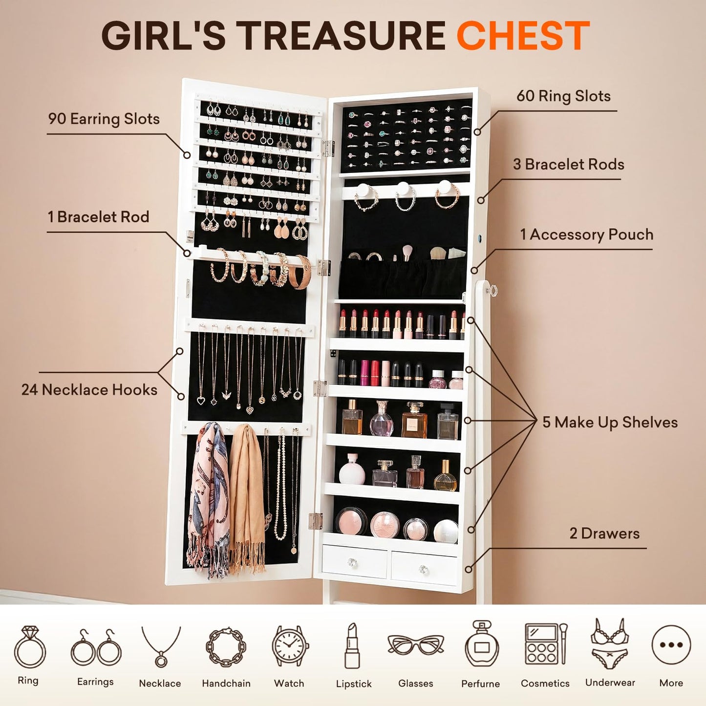 Antok Jewelry Cabinet with Full Length Mirror & Large Storage - 61" Standing Lockable Armoire Organizer, Floor to Ceiling Model for Bedroom or Dressing Room, White