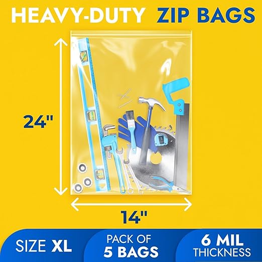 14" x 24" Large Zip Seal Lock Bags, 6 Mil (Pack of 5) – Heavy-Duty Reclosable Plastic Bags – Clear, Resealable, Waterproof – For Storing and Organizing Clothes, Jewelry, and Travel Items