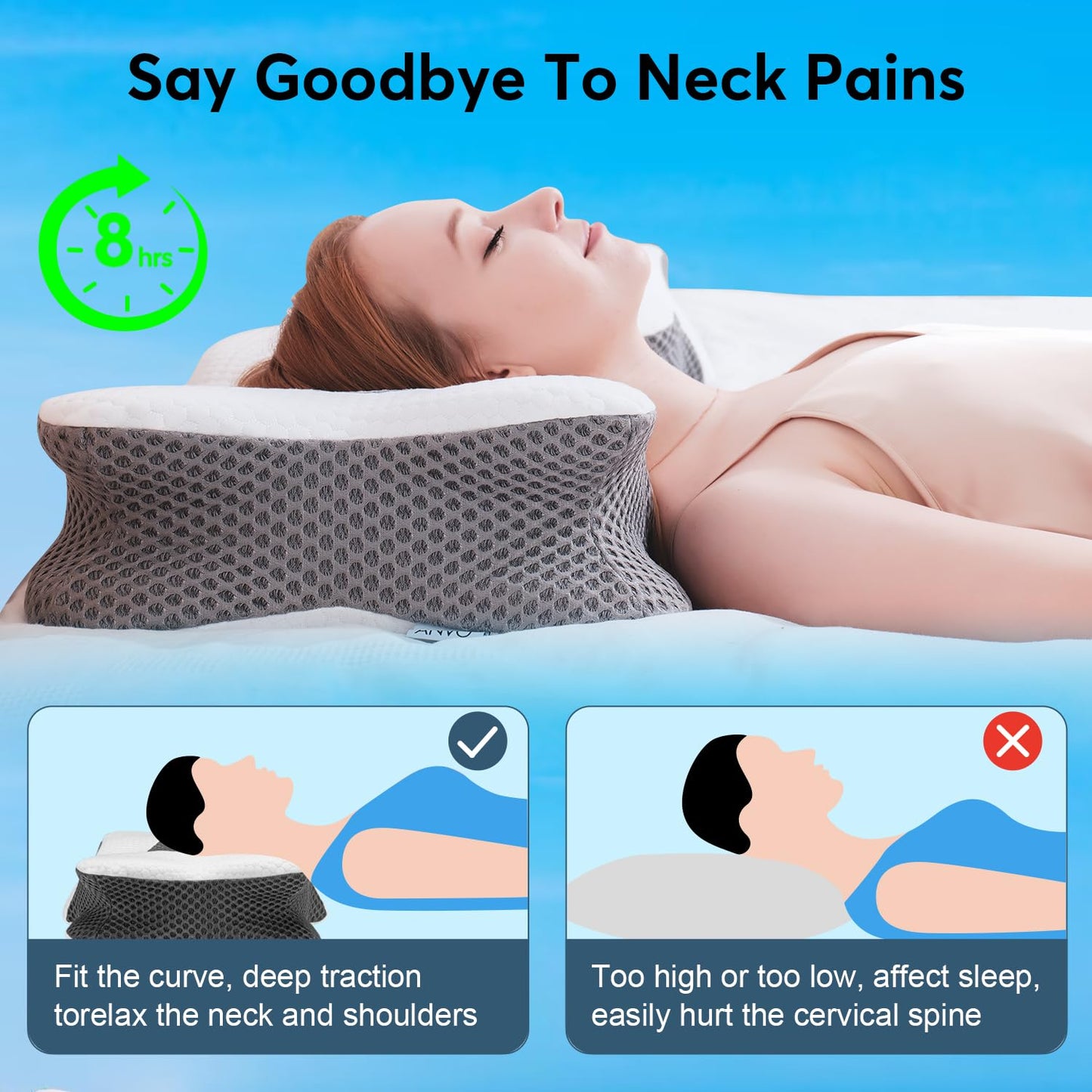 Anvo Cervical Pillow for Neck Pain Relief - Neck Pillows for Pain Relief Sleeping - Pillow for Neck and Shoulder Pain - Ergonomic Design for Side Back Stomach Sleeper-Grey Queen Firm