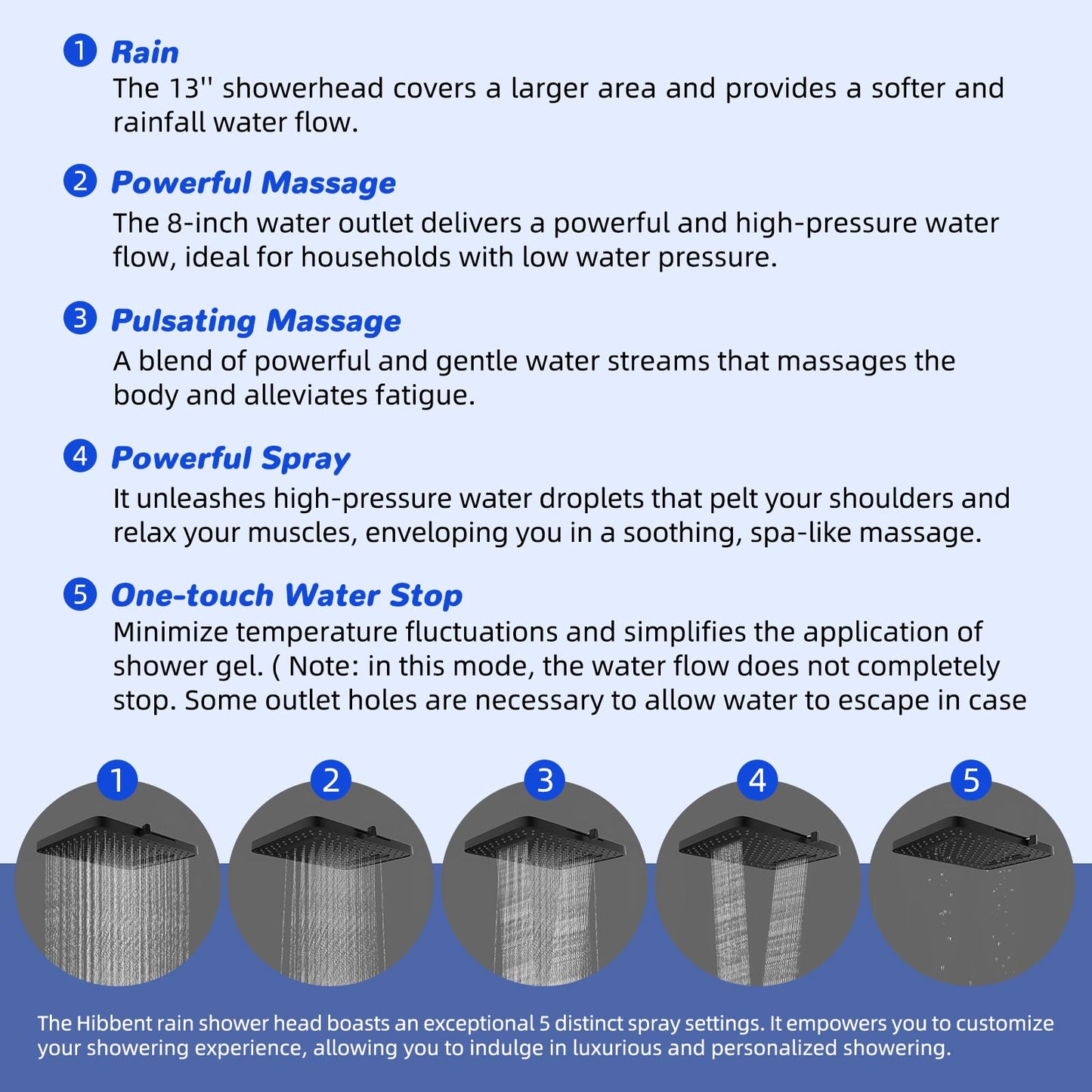 Hibbent 5-spray Filtered Rainfall Shower Head Combo, High Pressure 13'' Showerhead with 10 Spray Modes Handheld, All Metal 3 way Diverter Shower Arm, 71'' Hose and Holder, Matte Black