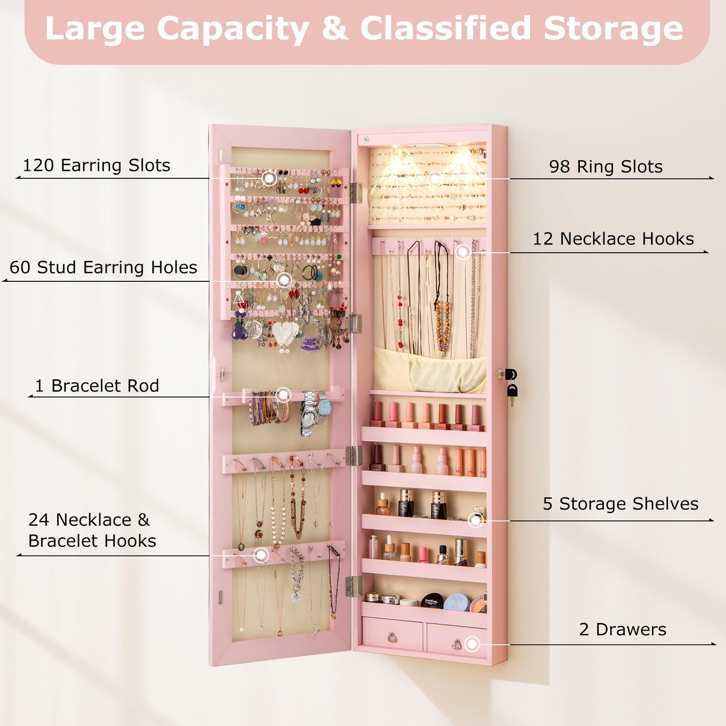Moccha Wall Door Jewelry Armoire, 47.5" H Full Length Mirrored Jewelry Cabinet with 2 LED Lights and 2 Drawers, Lockable Jewelry Cabinet, Jewelry Organizer Storage for Bedroom, Pink