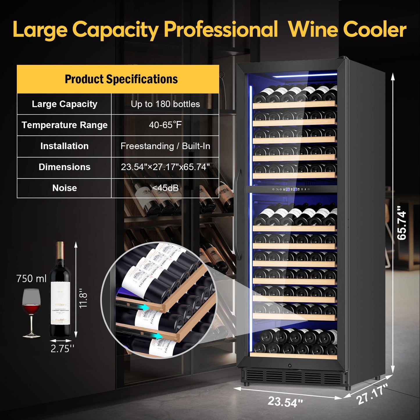 FoMup Wine Fridge Dual Zone, Freestanding Wine Cooler Refrigerator 180 Bottles Large Capacity with Sliding Rail Wooden Shelves and Door Lock, Black