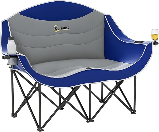 Outsunny Double Camping Chair for Adults, Padded Folding Camp Chair for 2 Person with Armrest, Wine Glass Holder, Cup Hold...