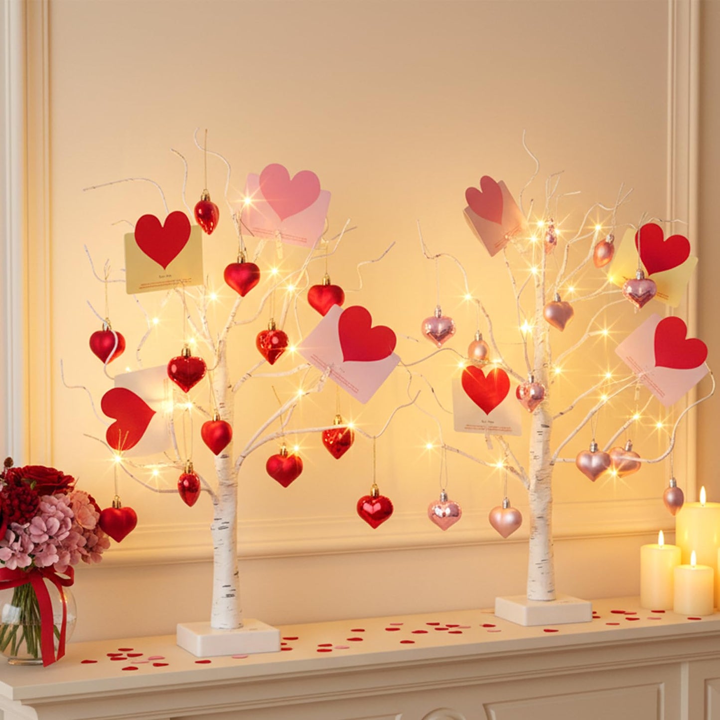 PEIDUO Valentine's Day Decorations, Set of 2 Gift Card Tree with 24 Hanging Heart Ornaments, for Home Indoor Bedroom Anniversary Wedding Party Decor, 6H/18H Timer